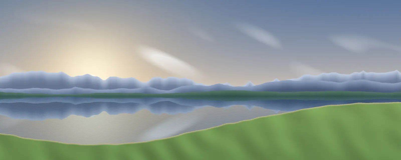 Ausschnitt aus einem computergenerierten Kugelpanorama: Seeufer mit Bergkette im Gegenlicht